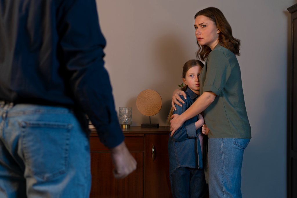 A woman and a young girl standing together, both looking worried as they stand in front of a man with a tense posture, implying a situation of fear or distress.