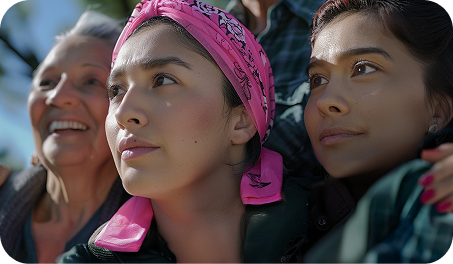 Women standing together outdoors, looking ahead with strength and hope, representing resilience, empowerment, and solidarity.